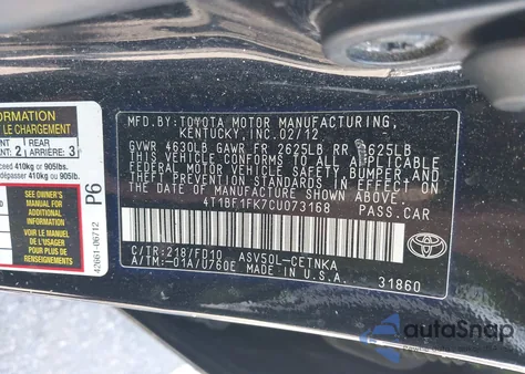 2012 Toyota Camry Le from USA, damaged, VIN 4T1BF1FK7CU073168
